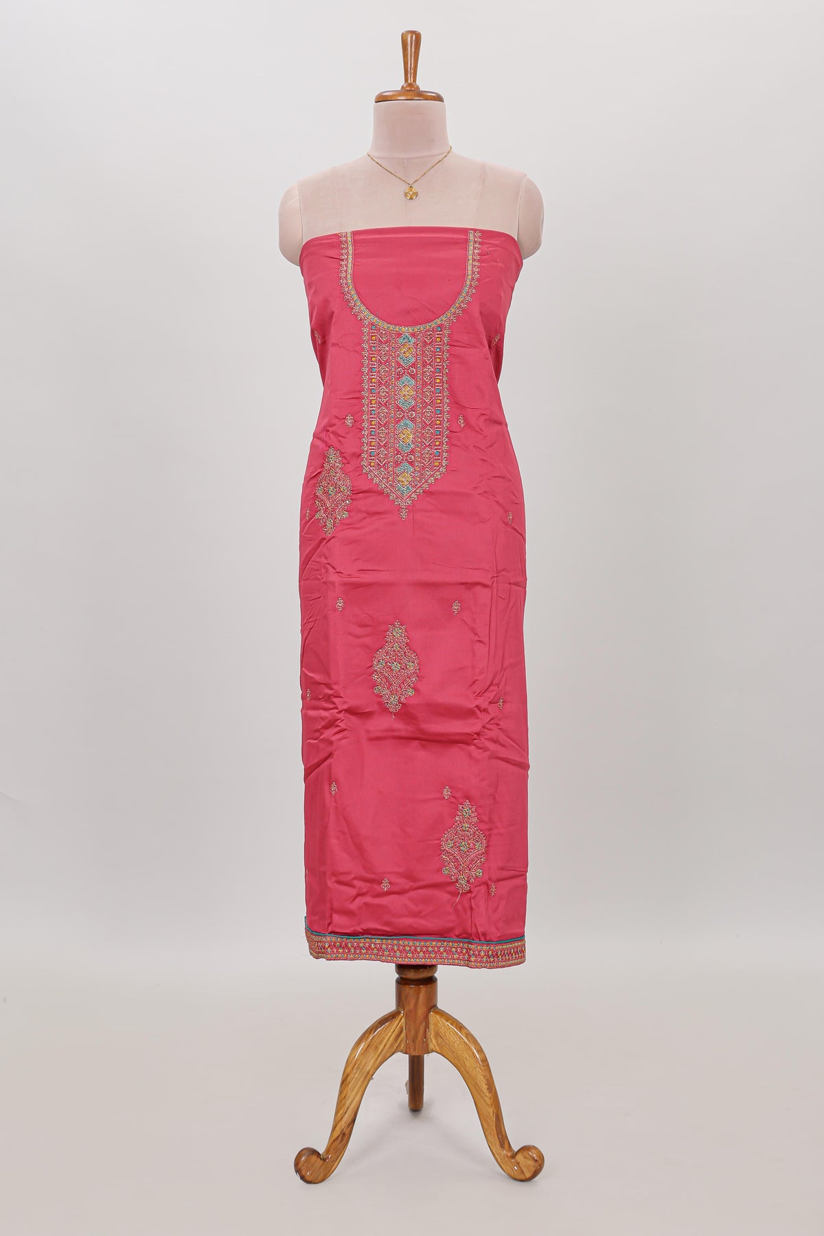 Pink embroidery chudidhar material with contrast solid pant and embroidery dupatta