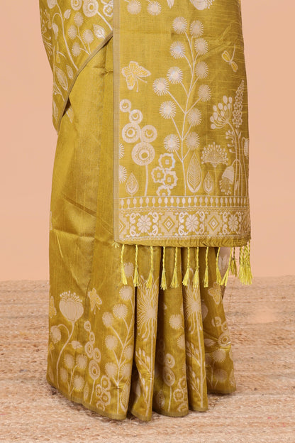 Yellow munga cotton saree with all-over floral thread weaving & motif border
