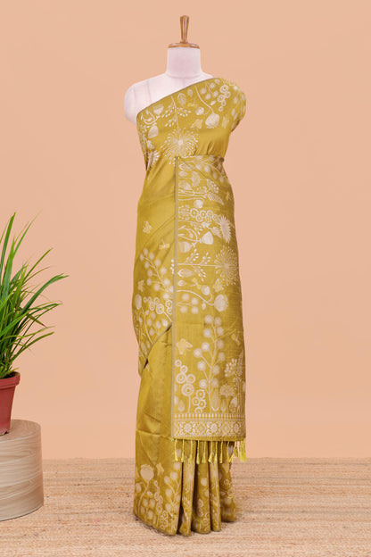 Yellow munga cotton saree with all-over floral thread weaving & motif border