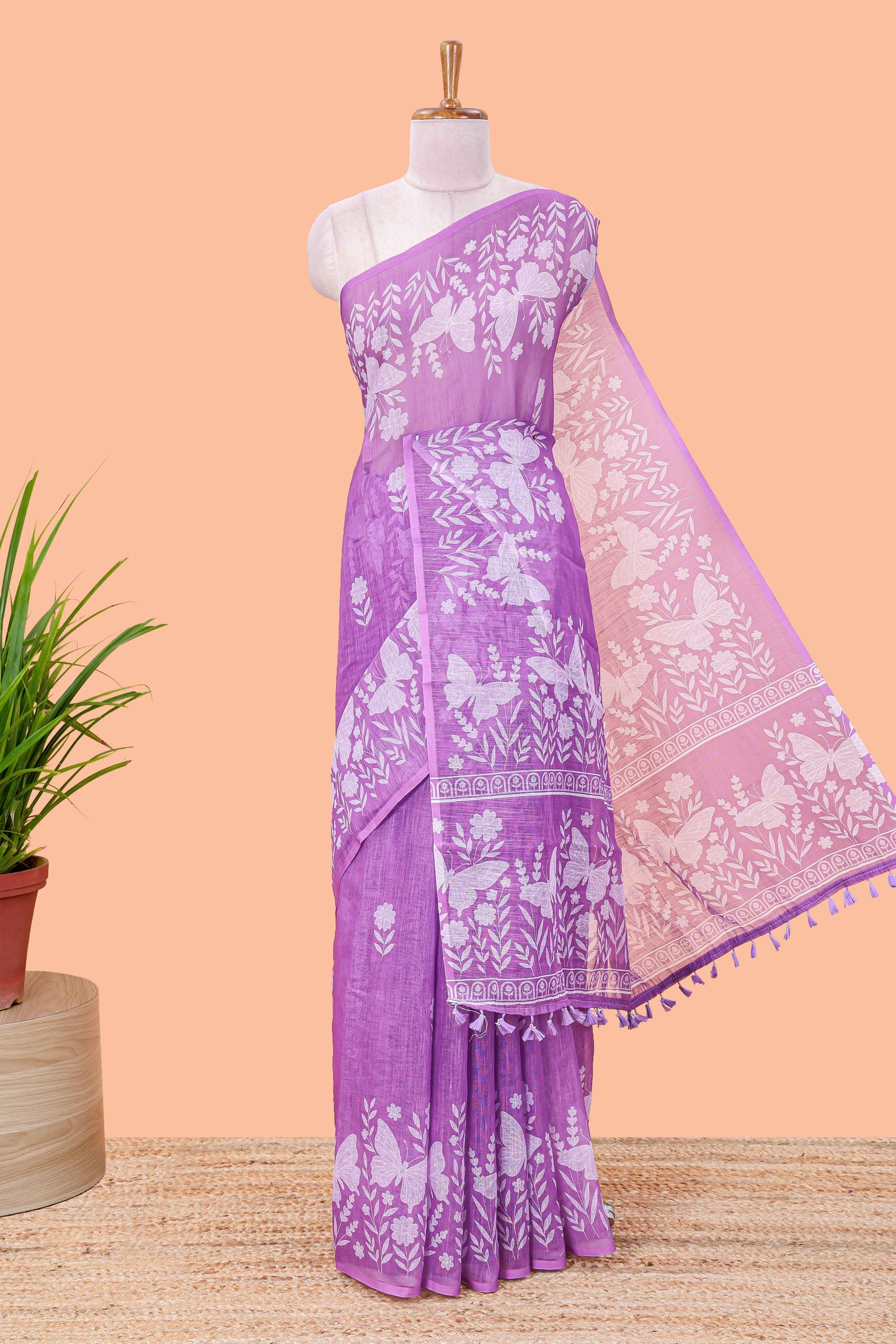 Purple linen cotton saree with floral buttas and butterfly motifs border, Printed self pallu and blouse