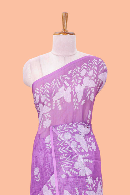 Purple linen cotton saree with floral buttas and butterfly motifs border, Printed self pallu and blouse