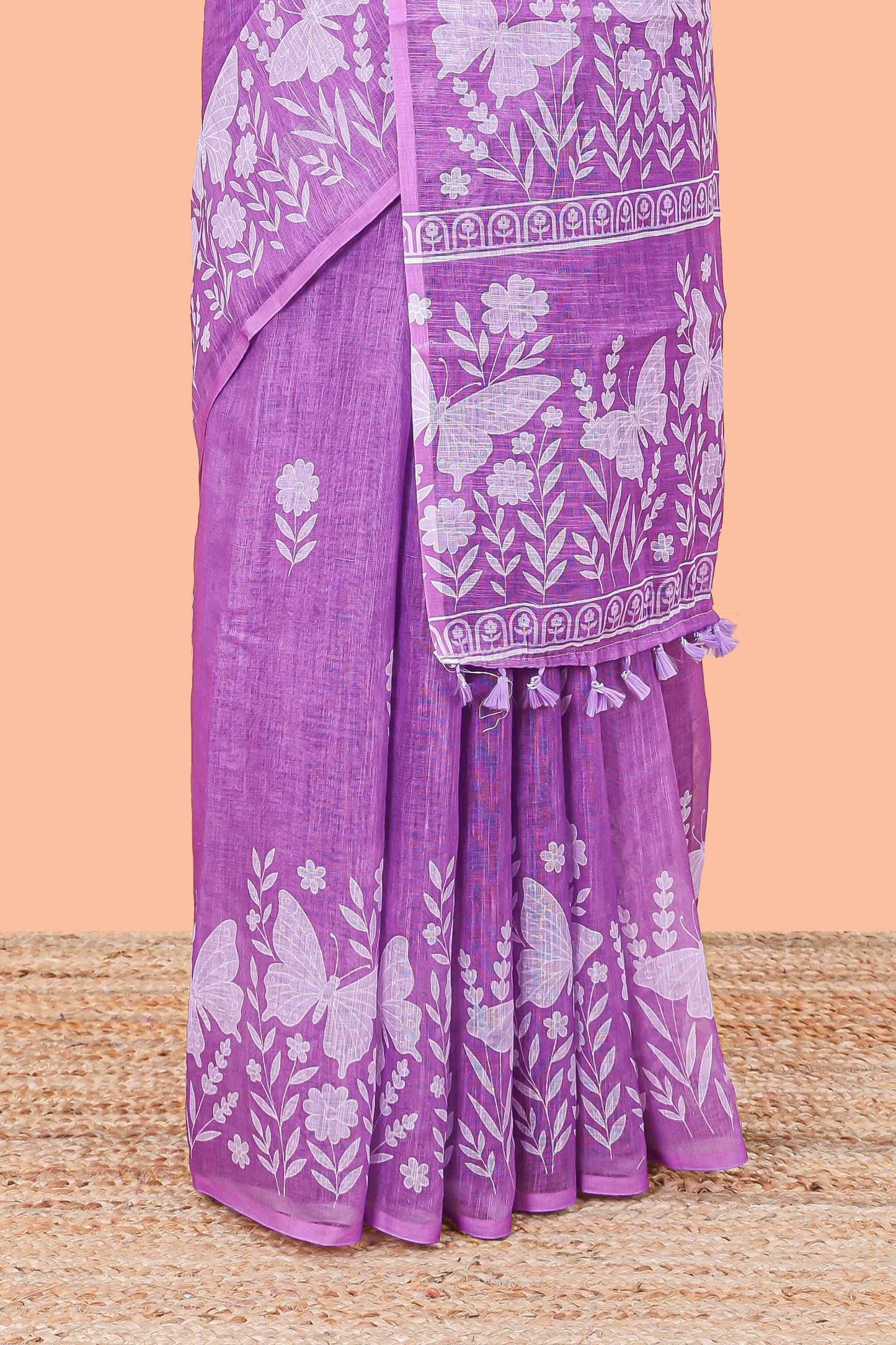 Purple linen cotton saree with floral buttas and butterfly motifs border, Printed self pallu and blouse
