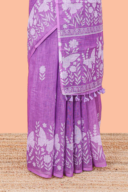 Purple linen cotton saree with floral buttas and butterfly motifs border, Printed self pallu and blouse