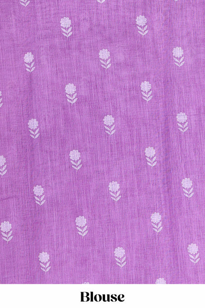 Purple linen cotton saree with floral buttas and butterfly motifs border, Printed self pallu and blouse