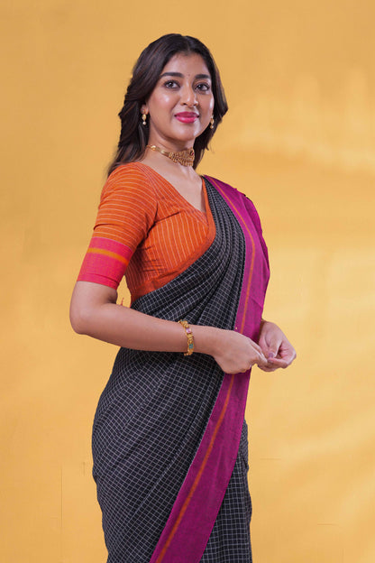 Black Khadi Cotton Saree Check Across The Body With Contrast Pallu