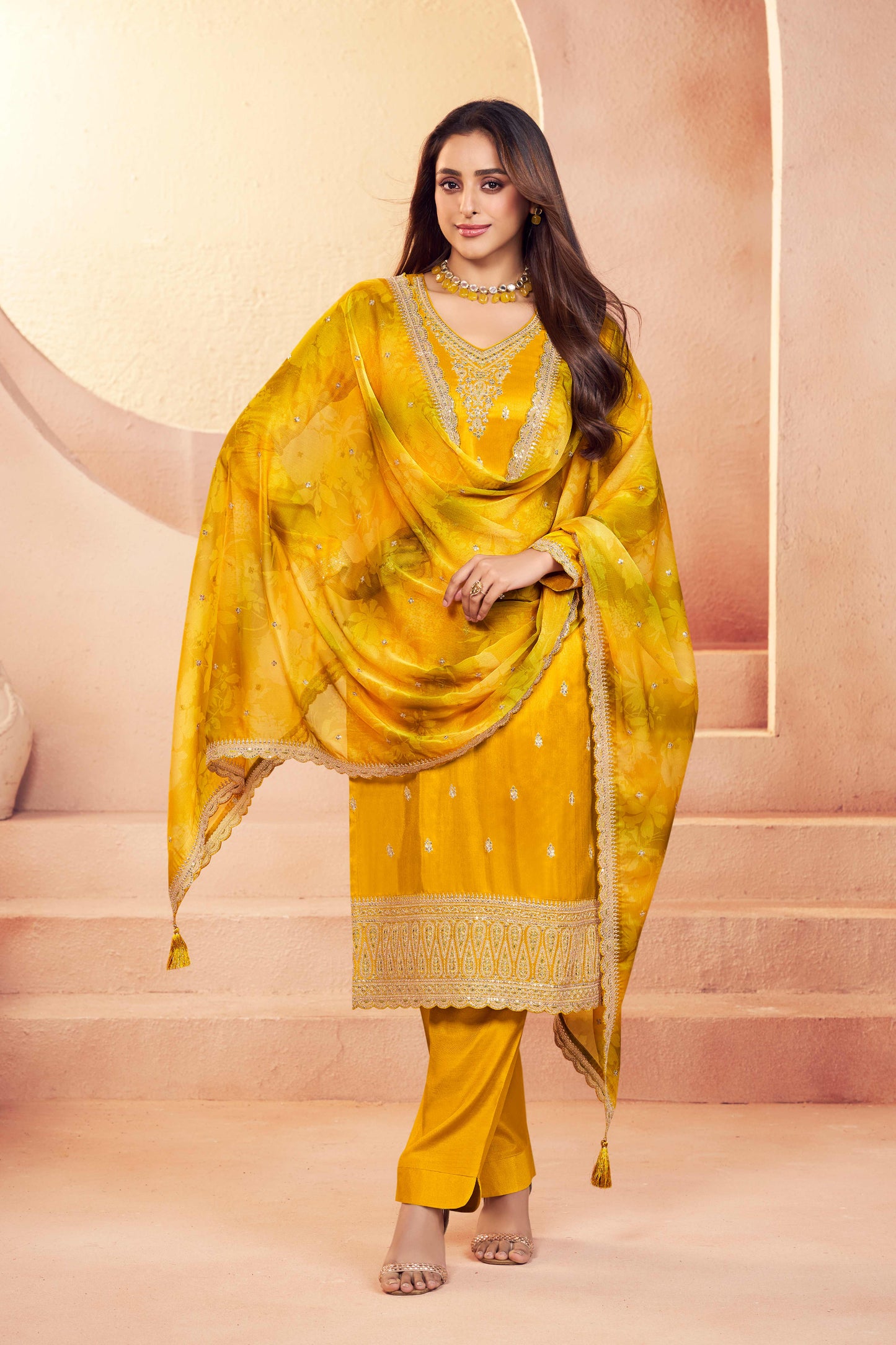 Yellow moga silk embroidery chudidhar material with chiffon dupatta