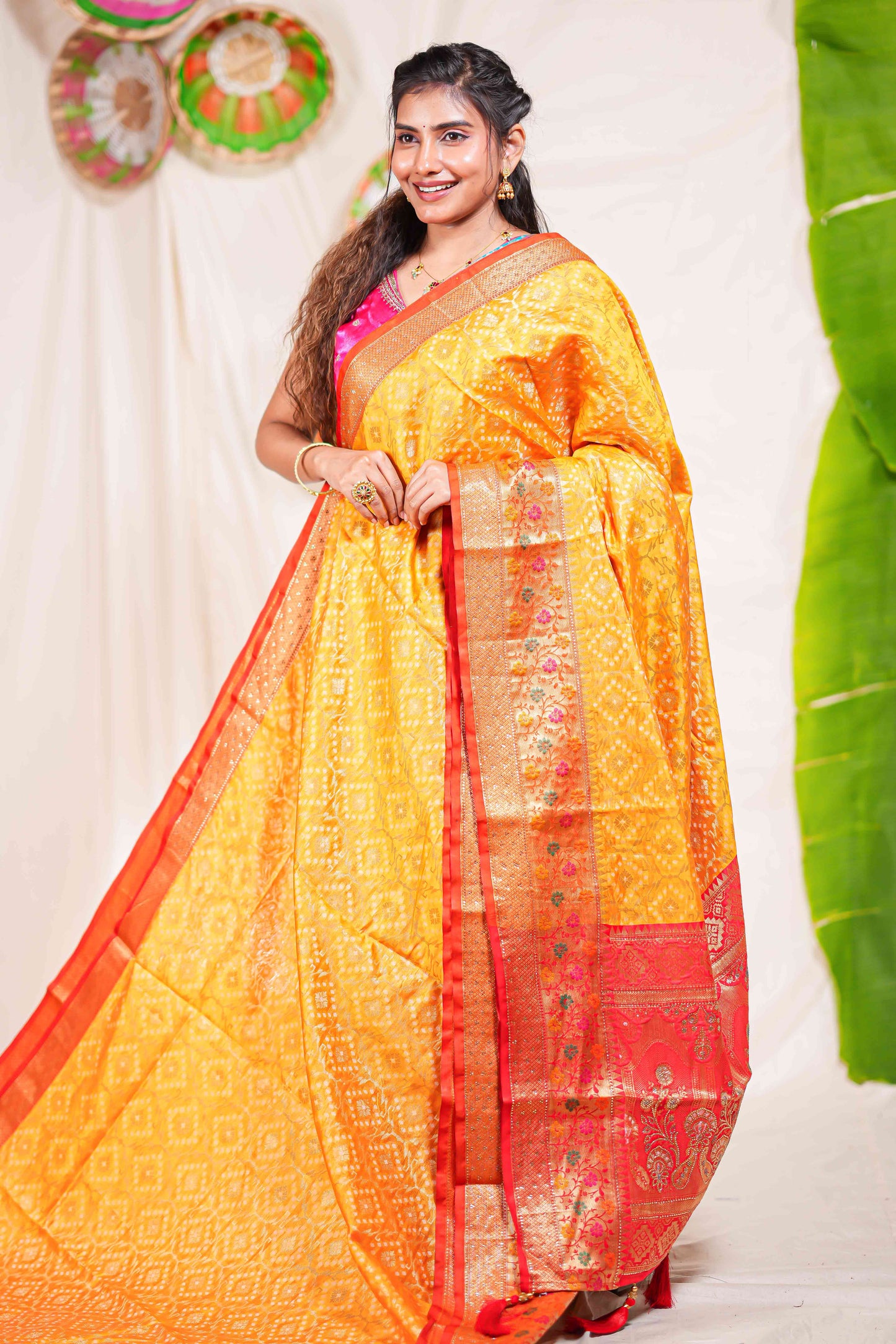 Yellow geometric design kota cotton saree with contrast border and printed pallu