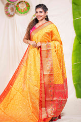 Yellow geometric design kota cotton saree with contrast border and printed pallu