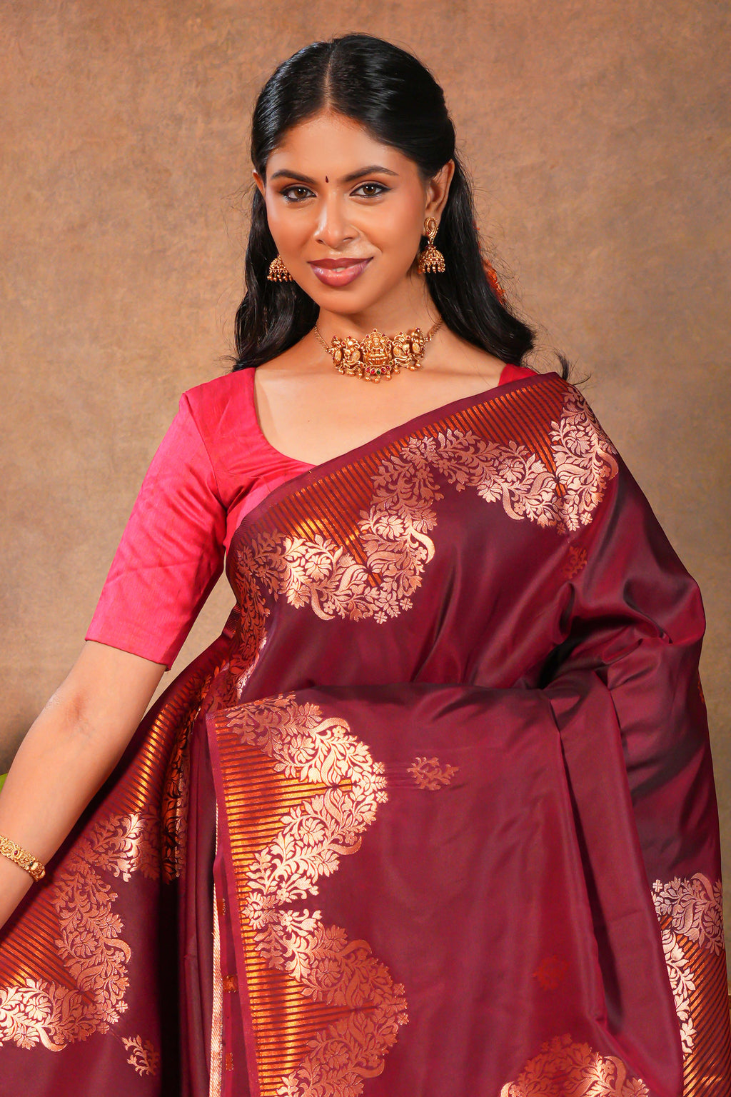 Maroon Semi soft Silk Saree Gold Zari Woven Paisley Motifs with Woven Zari Border and Contrast Blouse