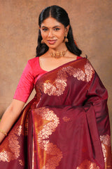 Maroon Semi soft Silk Saree Gold Zari Woven Paisley Motifs with Woven Zari Border and Contrast Blouse