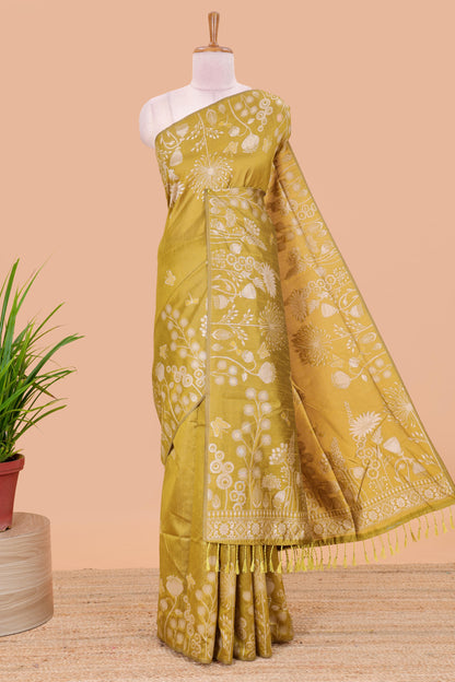 Yellow munga cotton saree with all-over floral thread weaving & motif border