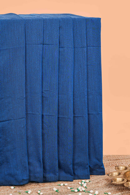 Borderless blue plain south cotton saree with contrast printed blouse