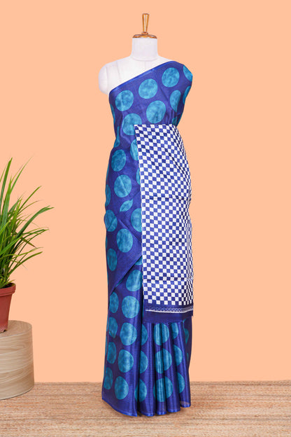 Borderless blue khadi cotton saree with adire batik print and chess board pallu