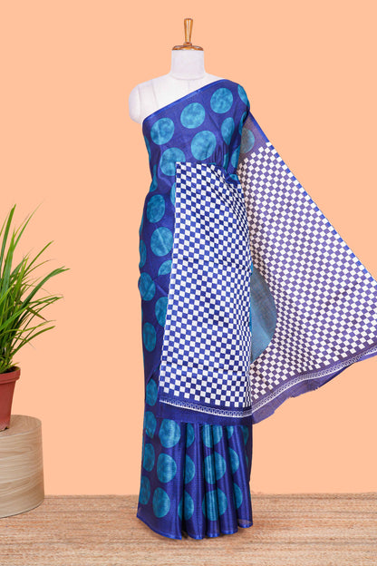 Borderless blue khadi cotton saree with adire batik print and chess board pallu