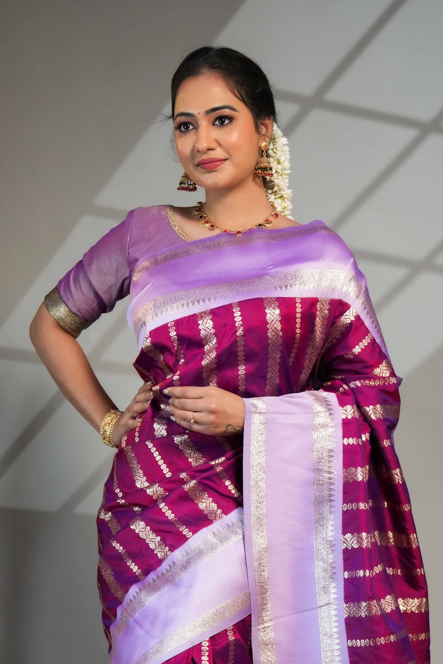 Purple zari striped floral design kathan saree with contrast bentex border and blouse