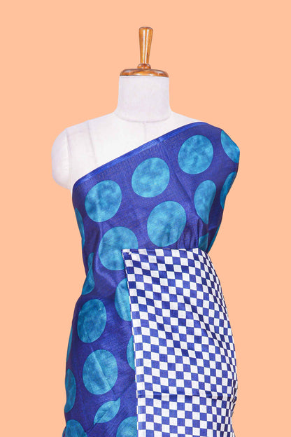 Borderless blue khadi cotton saree with adire batik print and chess board pallu