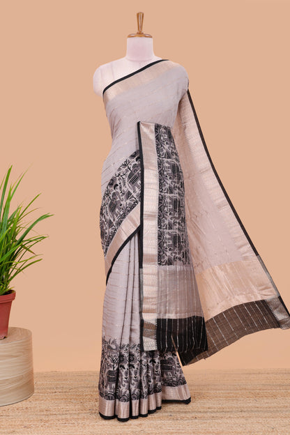 Grey striped assam silk saree with floral and animal themed contrast zari border and pallu