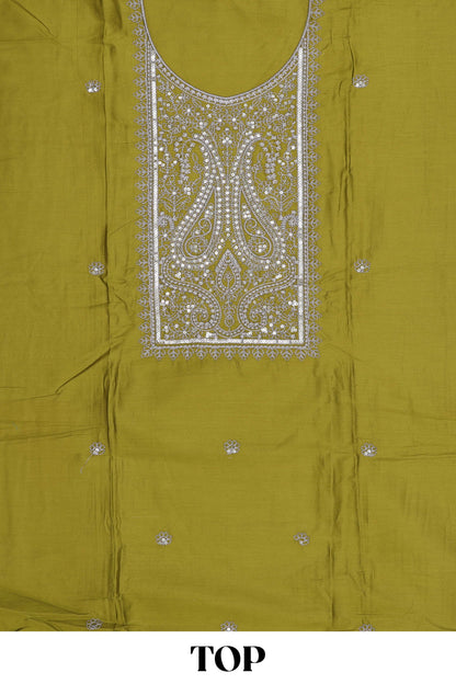Green embroidered cotton silk chudidhar material with sequin work