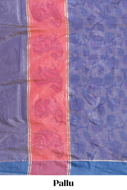 Lavender floral motifs ikkat cotton saree with contrast border floral design striped pallu