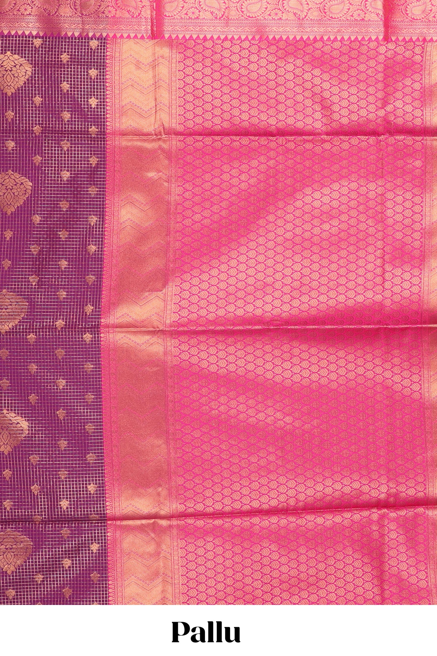 Purple checked vairaoosi semi soft silk saree with floral zari butta and contrast Pallu