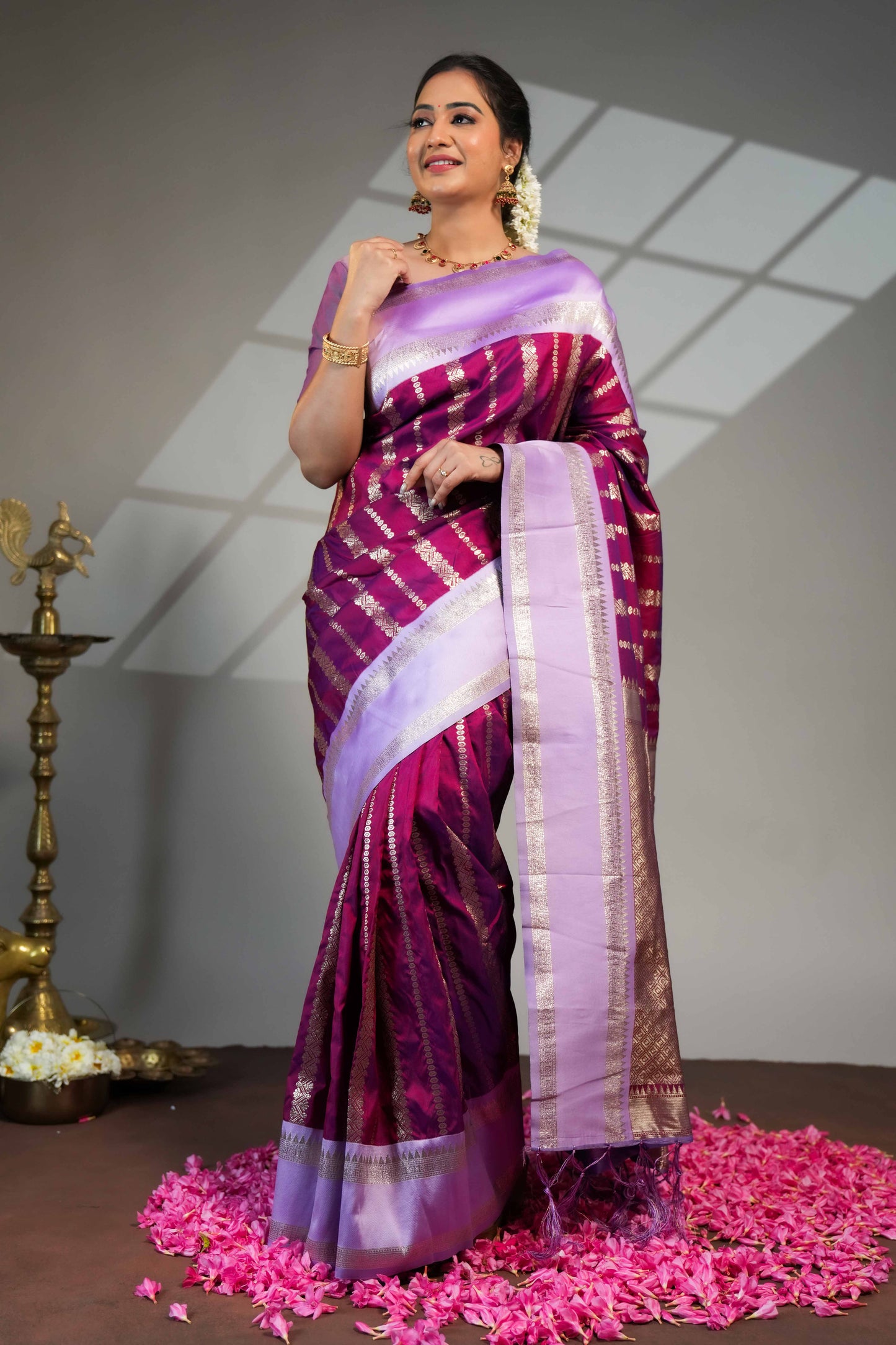 Purple zari striped floral design kathan saree with contrast bentex border and blouse
