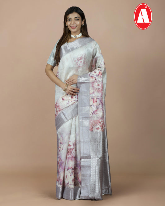 Purple Printed Intricate Design On Its Body, Unique Plain Border And Self Blouse