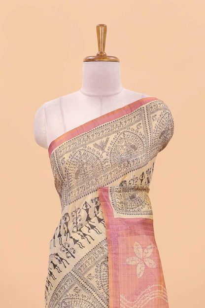 Sandal semi tussar digital batik print saree with contrast blouse and pallu