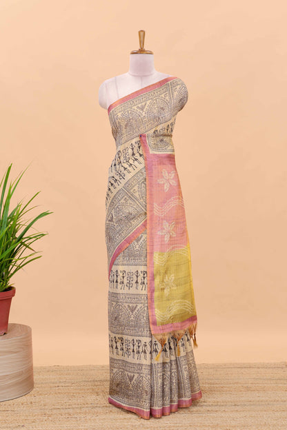 Sandal semi tussar digital batik print saree with contrast blouse and pallu