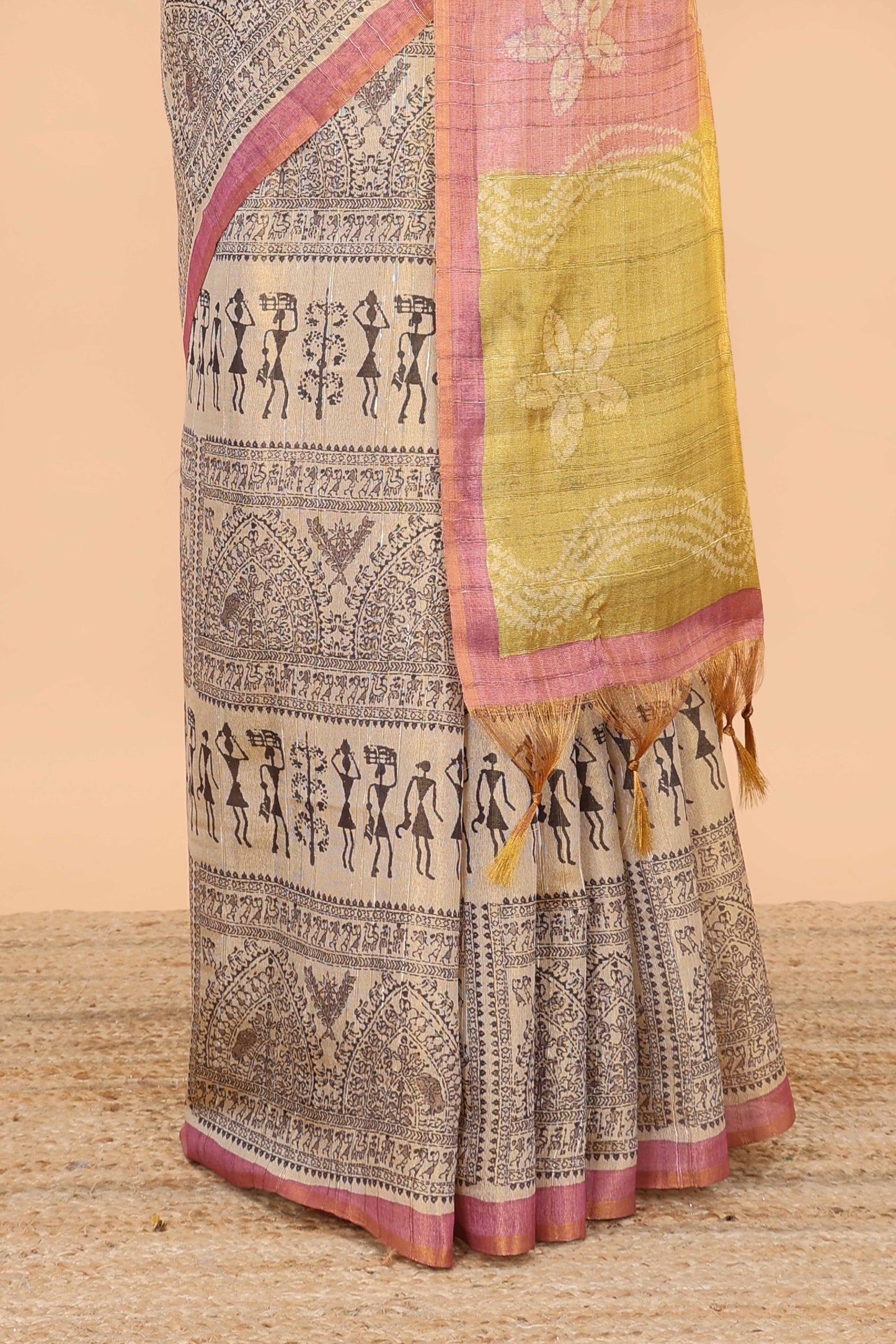 Sandal semi tussar digital batik print saree with contrast blouse and pallu