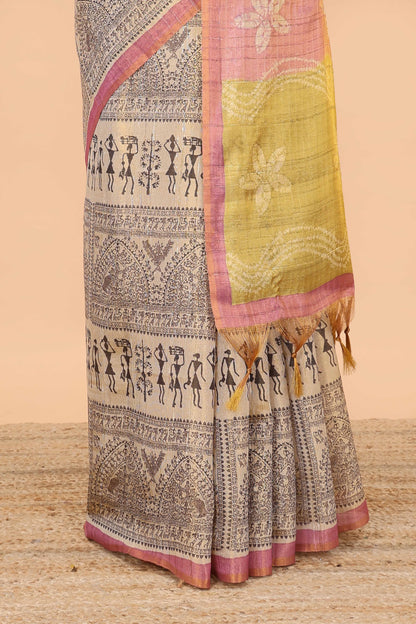 Sandal semi tussar digital batik print saree with contrast blouse and pallu