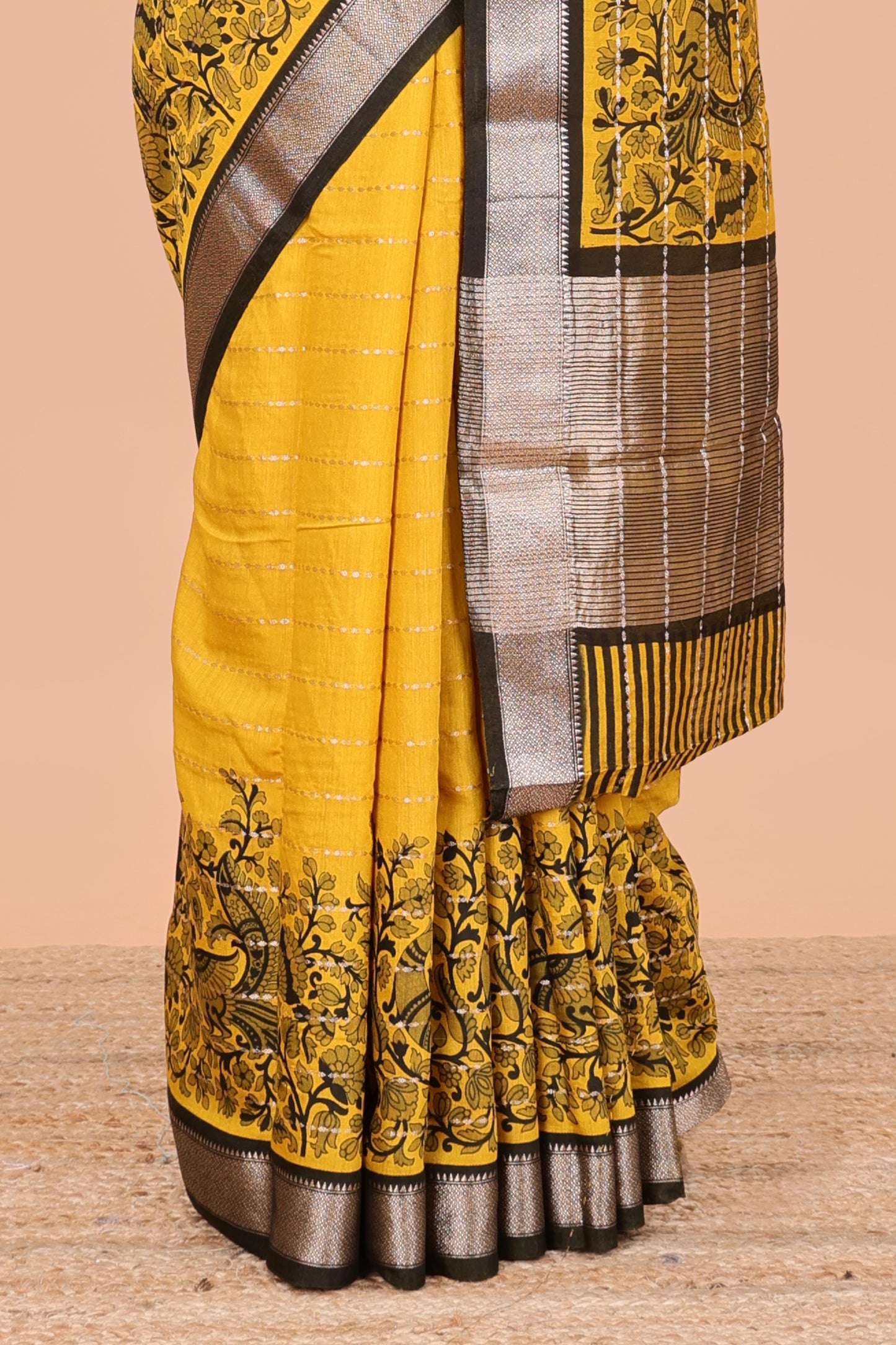 Mustard assam silk saree with floral printed stripes and contrast border
