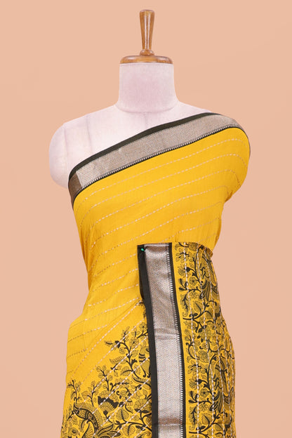 Mustard assam silk saree with floral printed stripes and contrast border