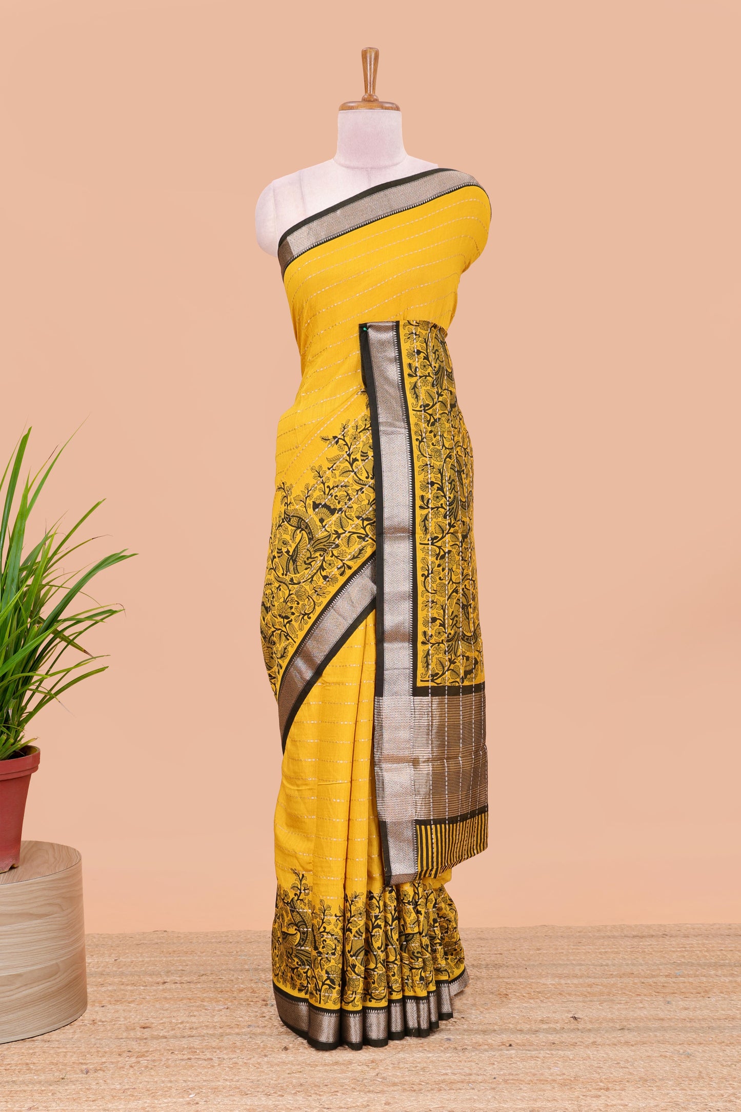 Mustard assam silk saree with floral printed stripes and contrast border