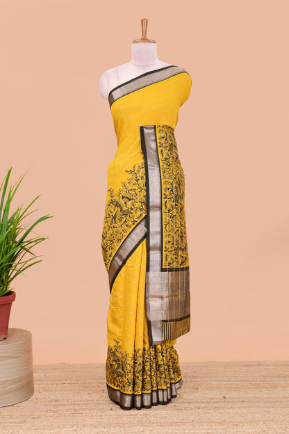 Mustard assam silk saree with floral printed stripes and contrast border