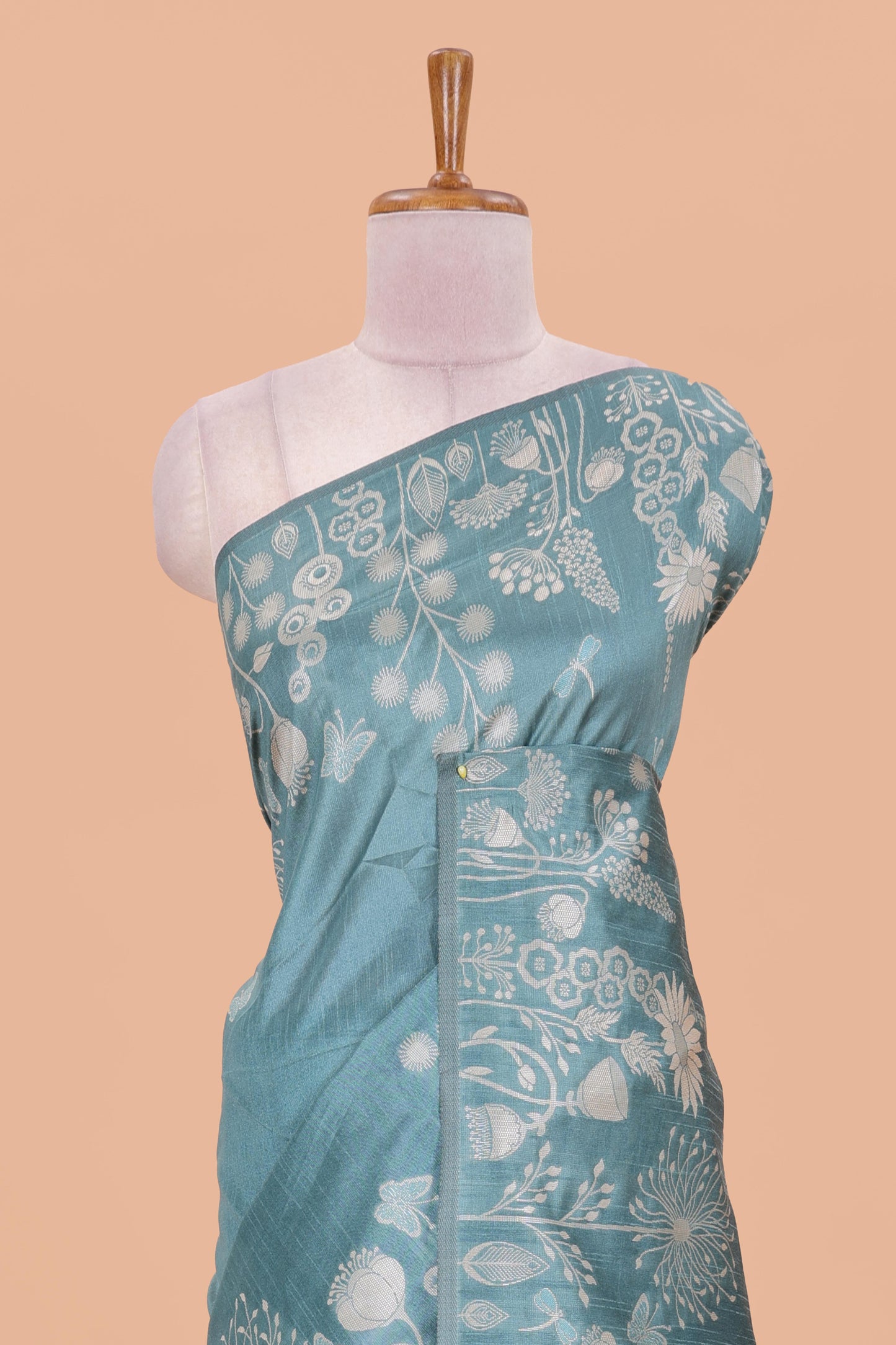 Blue munga cotton saree with all-over floral thread weaving & motif border