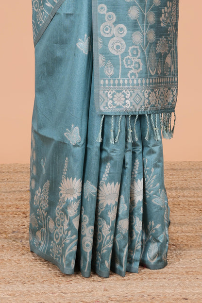 Blue munga cotton saree with all-over floral thread weaving & motif border