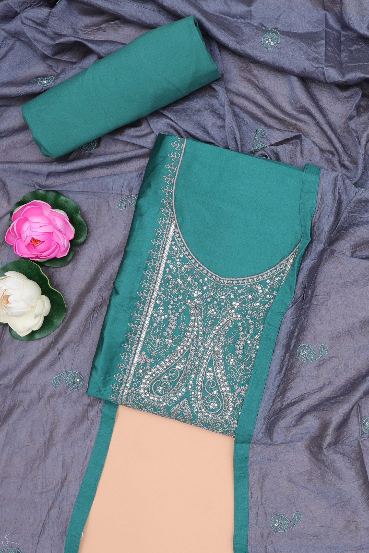 Peacock blue embroidered cotton silk chudidhar material with sequin work