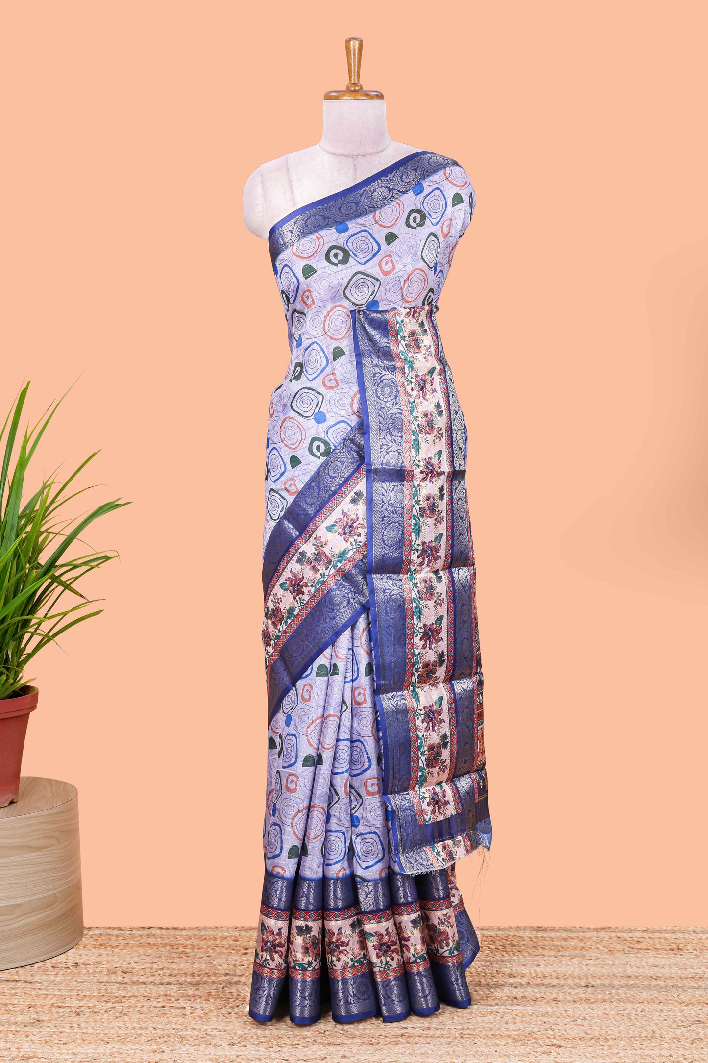 Lavender zari striped geometric design art silk saree with contrast retta petta border and printed pallu