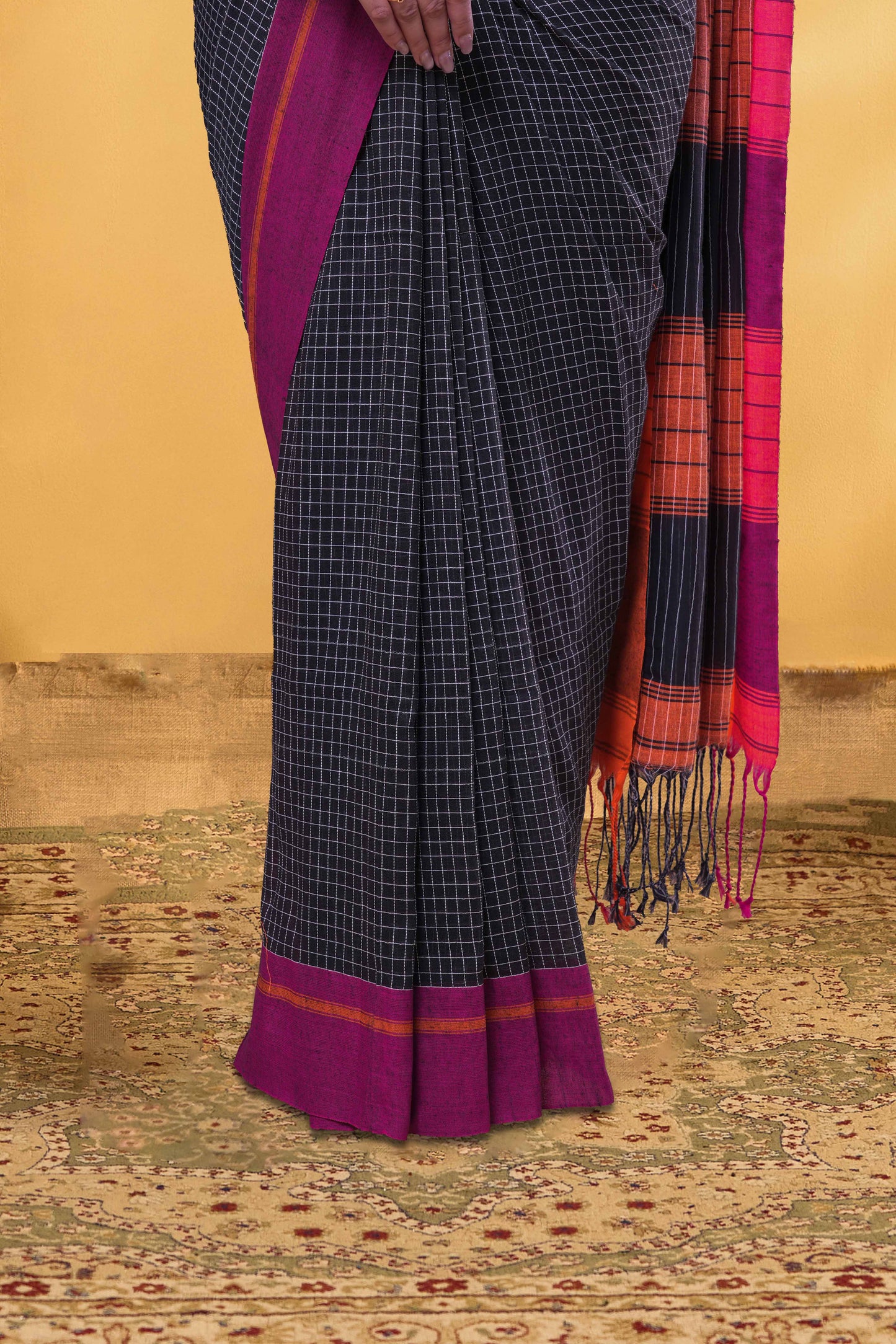 Black Khadi Cotton Saree Check Across The Body With Contrast Pallu