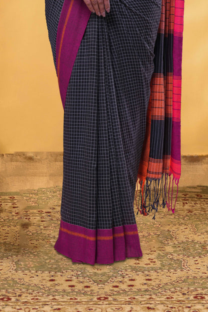 Black Khadi Cotton Saree Check Across The Body With Contrast Pallu