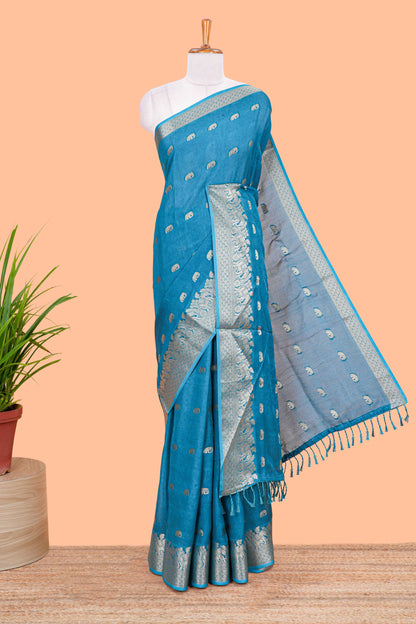 Green marsh mallow saree with elephant butta and zari border, comes with contrast zari butta blouse
