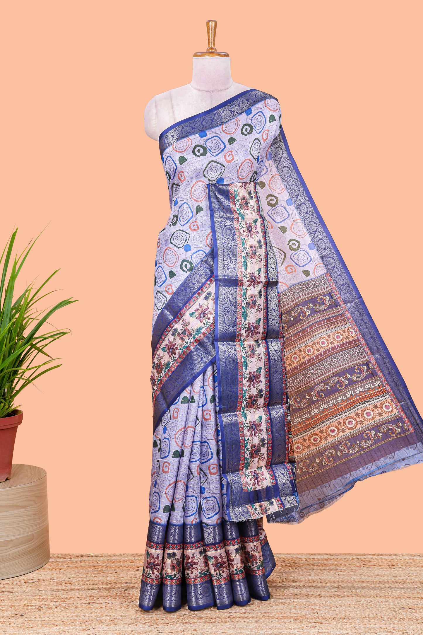 Lavender zari striped geometric design art silk saree with contrast retta petta border and printed pallu