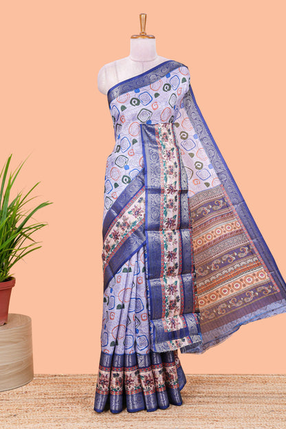 Lavender zari striped geometric design art silk saree with contrast retta petta border and printed pallu