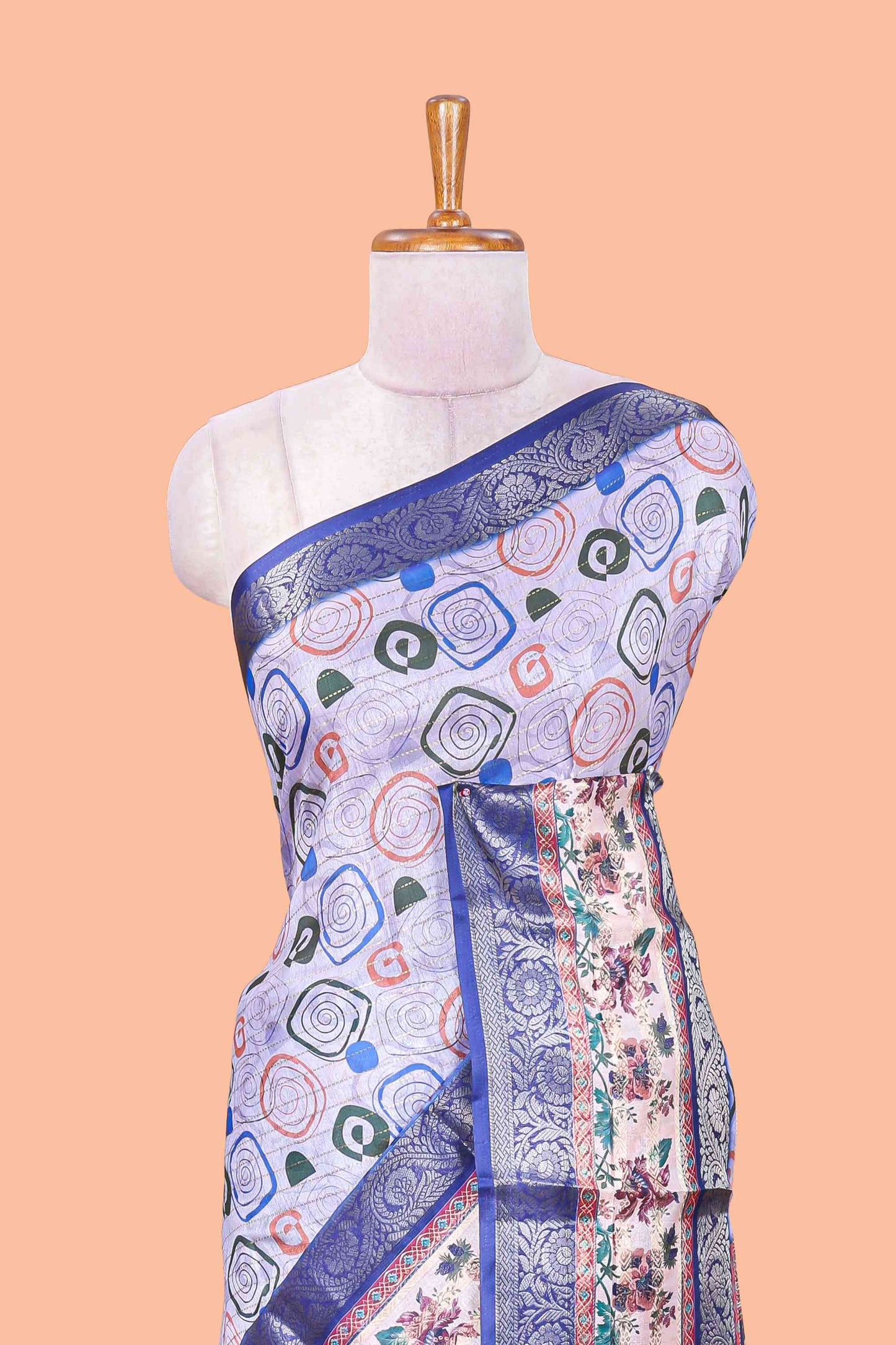 Lavender zari striped geometric design art silk saree with contrast retta petta border and printed pallu