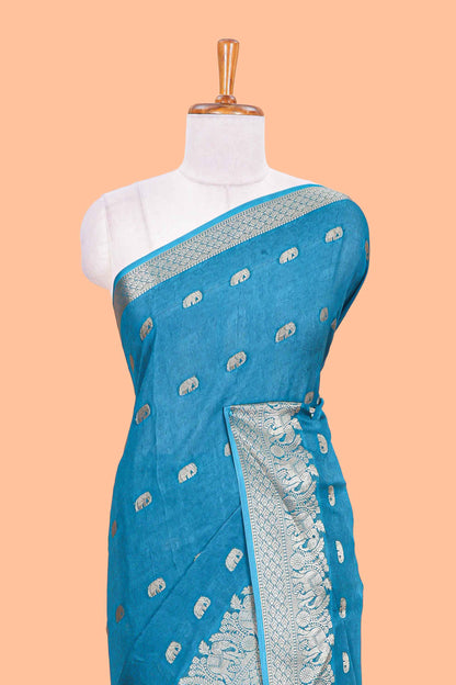 Green marsh mallow saree with elephant butta and zari border, comes with contrast zari butta blouse