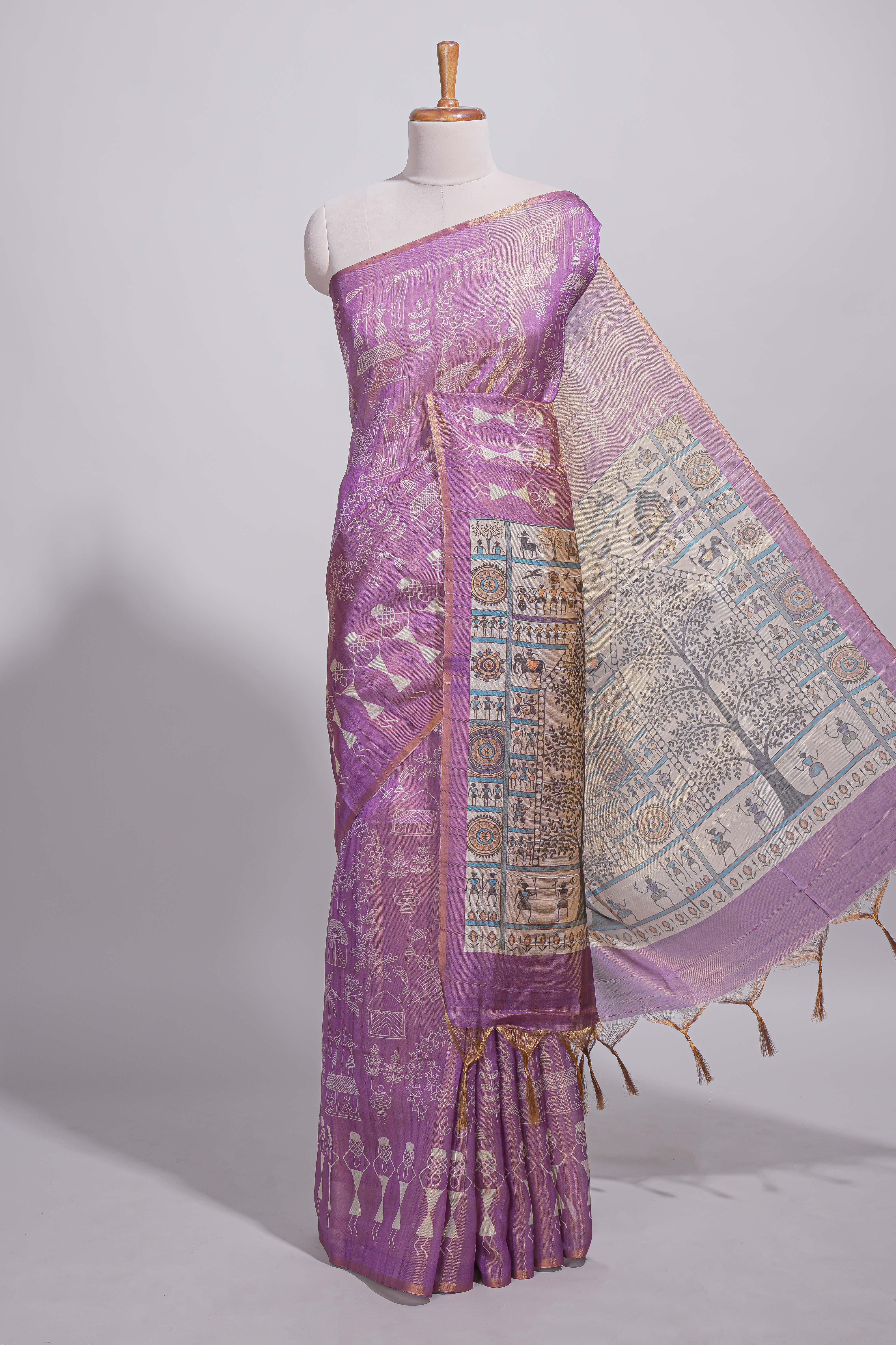 Violet warli printed semi tussar sareewith contrast warli printed pallu and matching blouse