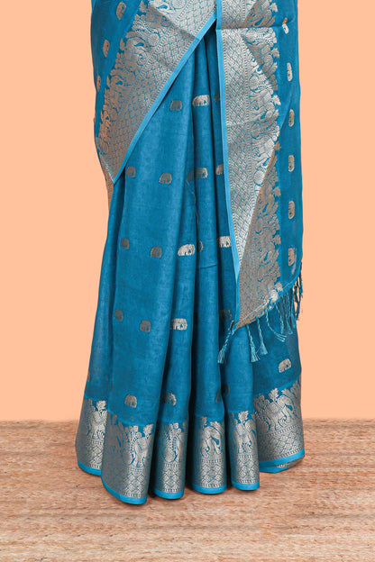 Green marsh mallow saree with elephant butta and zari border, comes with contrast zari butta blouse