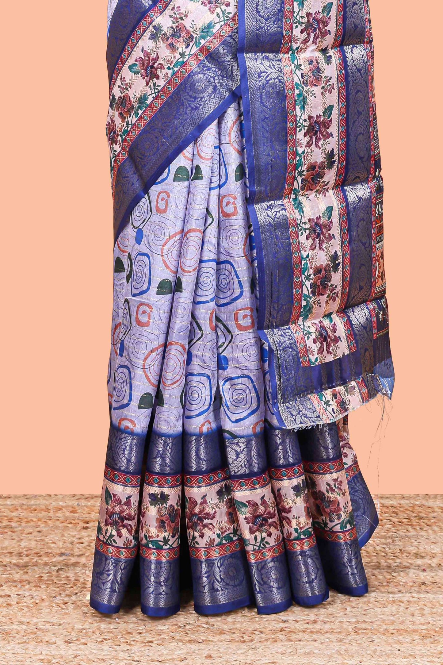 Lavender zari striped geometric design art silk saree with contrast retta petta border and printed pallu