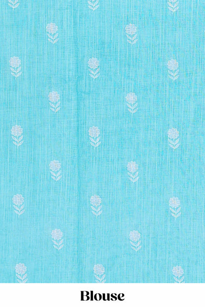 Turquoise green linen cotton saree with floral buttas and butterfly motifs border, Printed self pallu and blouse