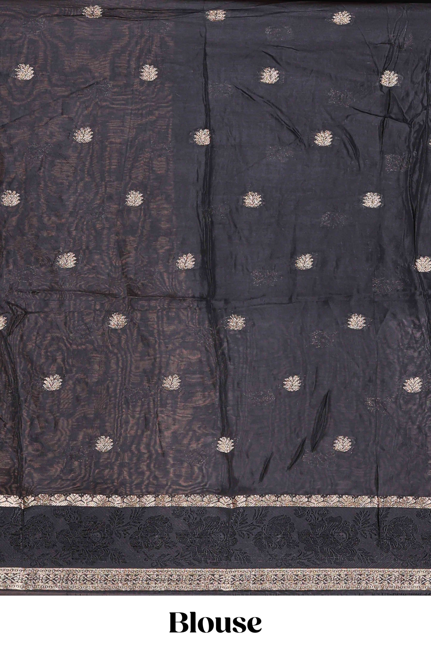 Black floral butta dola silk saree with self zari border and matching blouse